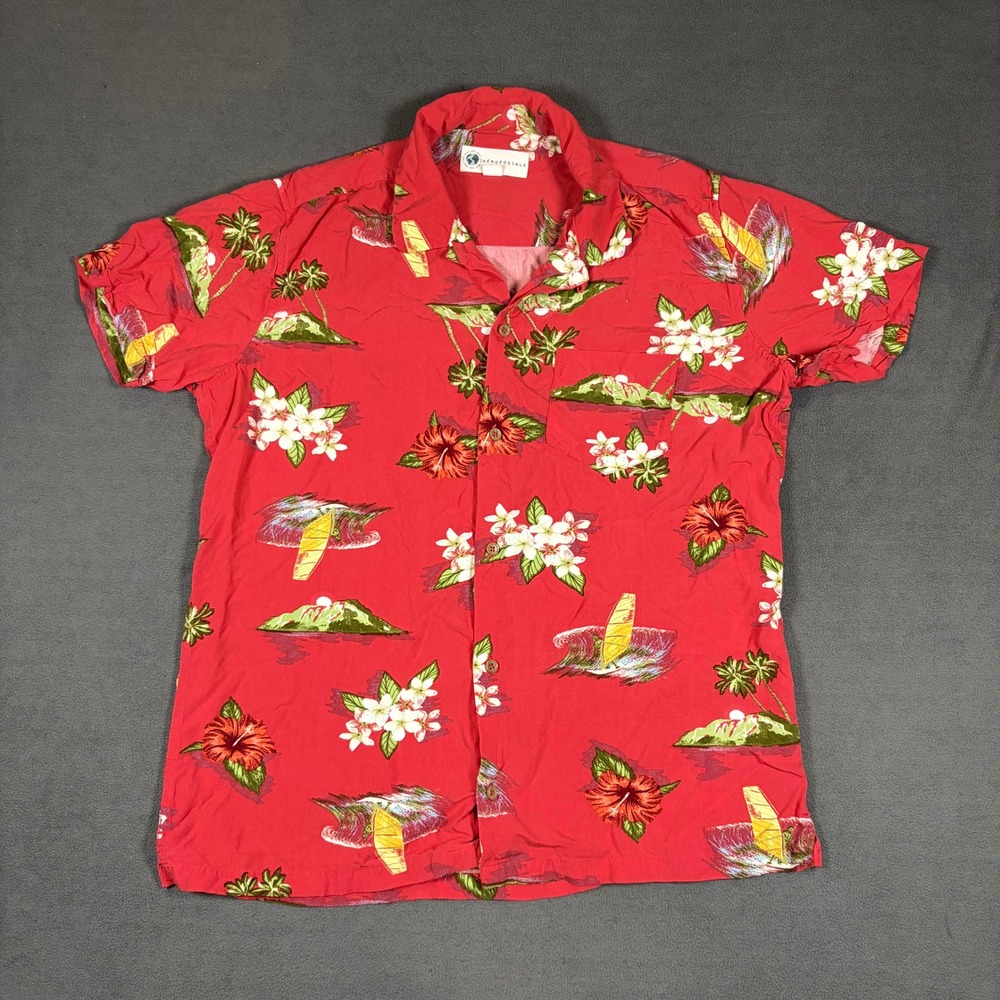 Aeropostale Button Down Shirt Mens Medium Red Floral Tropical Short Sleeve